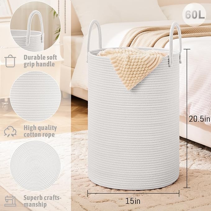 Laundry Basket,Woven Cotton Rope Laundry Hamper,60L for Decorative Storage of Dirty Clothes,Toys and Blankets in Bathroom,Baby Room and Living Room