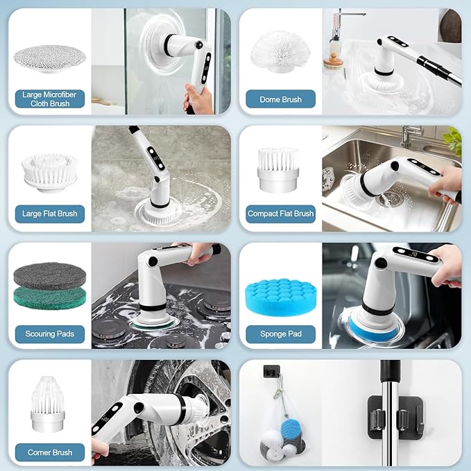 IEZFIX Electric Spin Scrubber, Bathroom Power Shower Scrubber Cleaning Brush for Tub/Tile/Floor/Toilet/Kitchen, 8 Cleaner Scrub Brush Heads, 3 Speeds 450RPM Max, Telescopic Rod Black