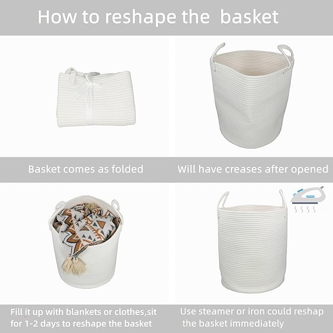 Cotton Rope Laundry Basket Hamper for Clothes Woven Storage Basket for Living Room Bedroom Boho Tall Rope Baskets for Blanket Toys Pillow Towels Baby Nursery Hamper Bin Large white
