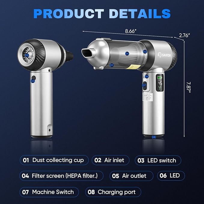 Saker Car Vacuum Portable Cordless 20000Pa Suction Power 4 in 1 Handheld Vacuum&Air Duster with LED Light Type-C Charge Portable Mini Vacuums for Car, Home, Office, Pet HL157 Silver