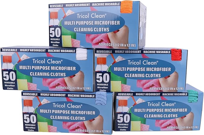 Tricol Clean Profesional Resuable Lint Free Microfiber Edgeless Cleaning Cloth 50PK Cleaning Rags,Absorbent Microfiber Wipes in Dispenser Box for Housekeeping, Car Cleaning (12 * 12 Inches) (white1)