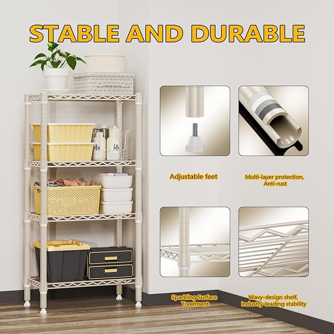 1000 lbs 4-Shelf Standing Storage Shelves Heavy Duty Metal Shelving Unit Adjustable Wire Rack for Office Garage Kitchen, Light Tan 11.8 D x 23.6" W x 47.5" H