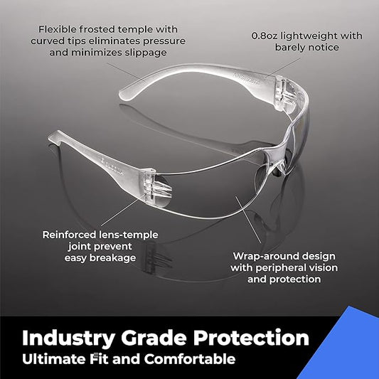 amoolo Clear Safety Glasses Bulk of 24, Protective Eyewear for Men Women, ANSI Z87.1 Impact Resistant Eye Protection for Work, Lab, Construction