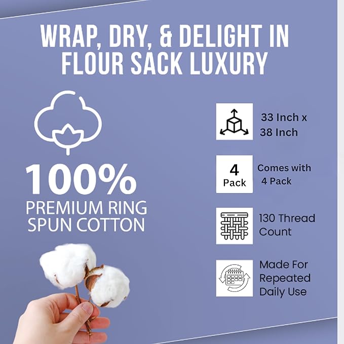 WHITEWRAP Flour Sack Towels| Tea Towel for Crafts| Kitchen Dish Cotton Blank Towel for Embroidery|Baking Bread Proofing Linen Cover| Thick Absorbent Quick Dry| 4 Pack 33"X38" Natural