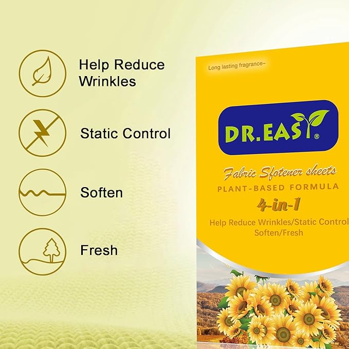 DR.EASY Dryer Sheets Plant Based Formula 252 Ct Fabric Softener sheets for Laundry Sunfresh Essential Oil Scented No Artificial Fragrances No Dyes Reduce Static & Wrinkles Help Repel Pet Hair