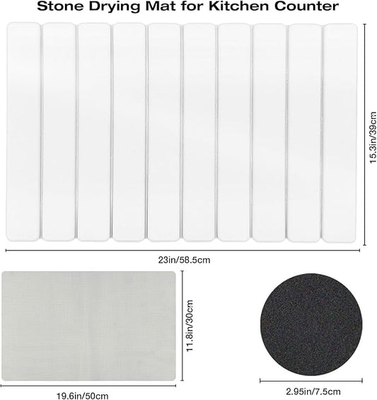 Diatomaceous Earth Stone Dish Drying Mat for Kitchen Counter – 24”x16”, Non-Slip Quick-Dry Surface, Sleek Foldable Design & Collapsible Storage, White