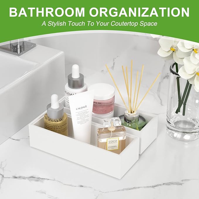 Utensil Organizer Silverware Drawer Organizer - Set of 2, Stackable Kitchen Organization, Bamboo Storage Box Tray for Kitchen Gadgets Bathroom Countertop (White)