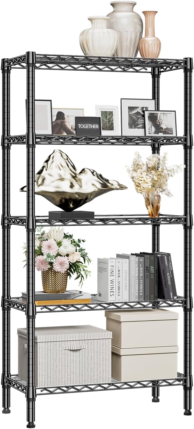 1250 lbs 5 Tier Shelf Metal Storage Shelves Shelving Wire Rack Heavy Duty Closet Organizers for Garage Kitchen Bathroom Laundry Black 13.8" D x 29.5" W x 59.5" H