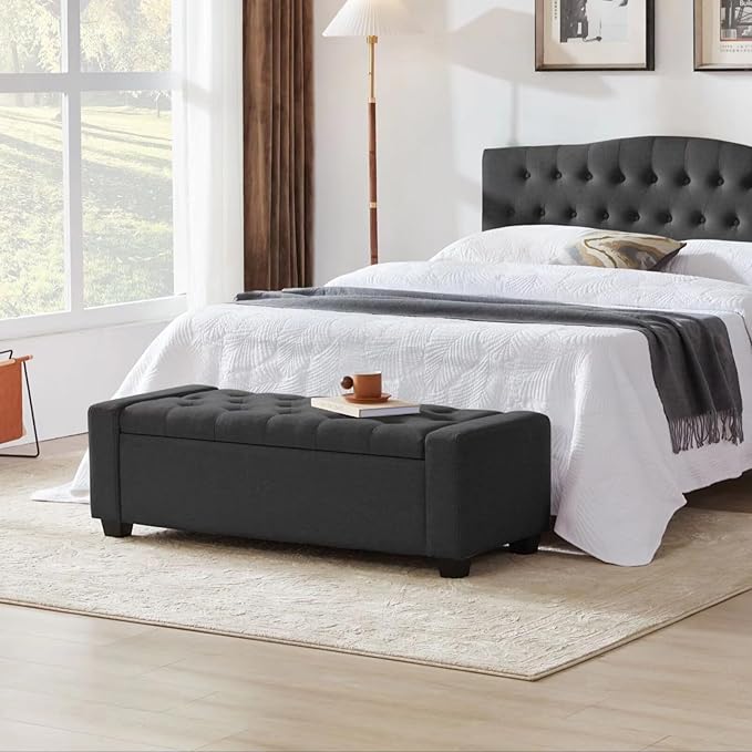 48" Ottoman with Storage, Storage Ottoman Bench with Safety Hinge, Upholstered Entryway Bench with Seating for Bedroom, Living Room, Holds up to 330 lb, Dark Gray