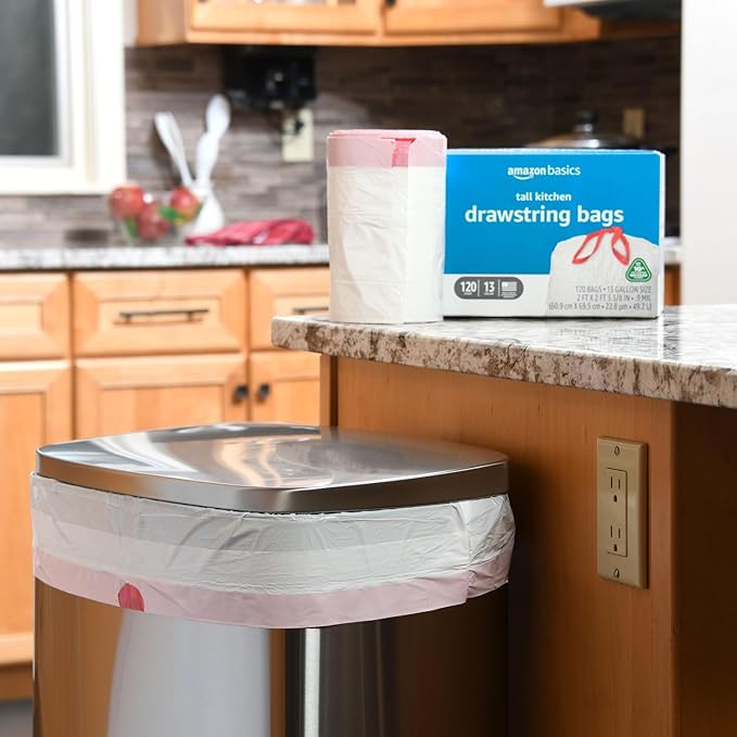 Amazon Basics 13 Gallon Tall Kitchen Drawstring Trash Bags, Unscented, 10% Post Consumer Recycled, 120 Count