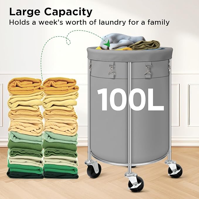 Laundry Hamper with Wheels, 100L Round Rolling Laundry Basket Sorter with Removable Bag, Clothes Cart Organizer with Steel Frame for Bedroom, Bathroom, Laundry Room, Grey