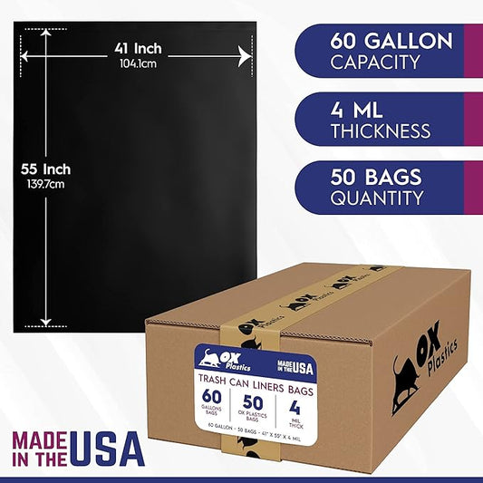 Ox Plastics Trash Can Liners Bags - Extra Heavy Duty Strength - Large Garbage, Leak-Proof & Durable, House & Commercial Use Bags (50) - Black (4 Mil, 60 Gallon)