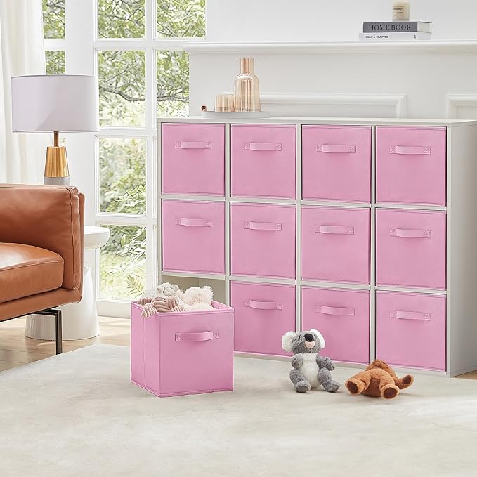 Lifewit 12 Packs Storage Cubes, 11 Inch Cube Storage Bins, Foldable Decorative Fabric Storage Baskets for Organizing Home Organizers with Handles for Shelves, Closet,Pink