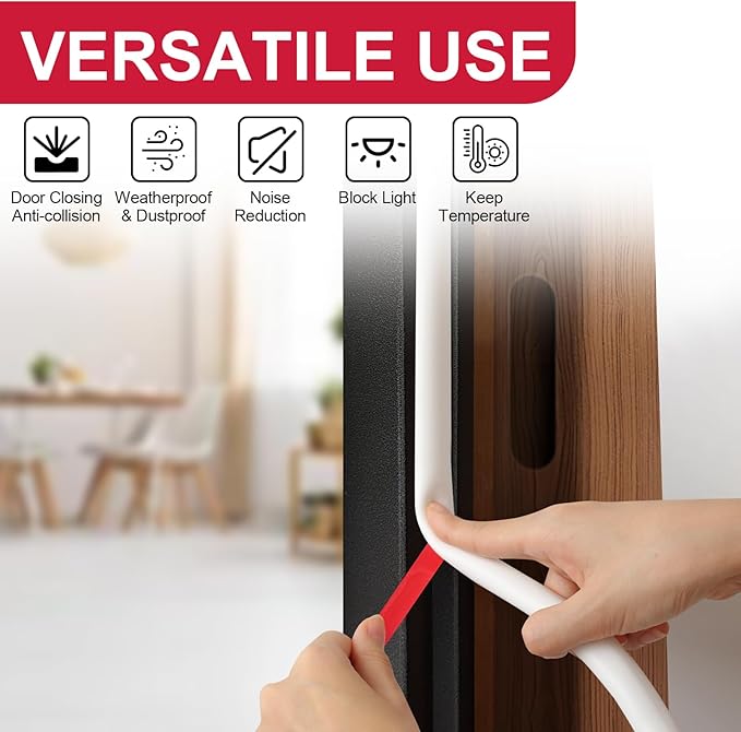 【New Upgrade】 Silicone Door Weather Stripping Door Seal Strip, 19.7 Feet Self-Adhesive D-Shape Door Insulation Strip for Door Frame& Window, Seal Large Gaps, Easy to Cut & Install