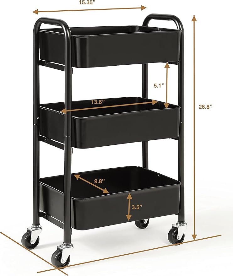 SunnyPoint 3-Tier Delicate Compact Rolling Metal Storage Organizer - Mobile Utility Cart Kitchen/Under Desk Cart with Caster Wheels - BLK (15.35" X 10.24" X 26.8"H)