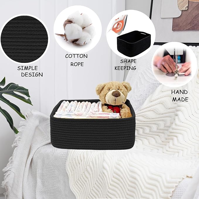 COMFY-HOMI 11.5"x7.5"x4.7" Storage Baskets for Organizing | Cotton Rope Woven Basket | Toy Storage Bin Box | Basket for Shelves, Closet Organizer Bin, Decorative Closet Shelf, 3 Pack, All Black