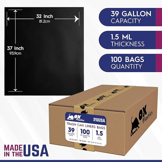 OX Plastics Black Trash Bags - Heavy Duty Garbage Bags, Extra Thick Unscented Large Trash Can Liners for Home, Outdoor, and Commercial Use - 39 Gallon, 100 Count