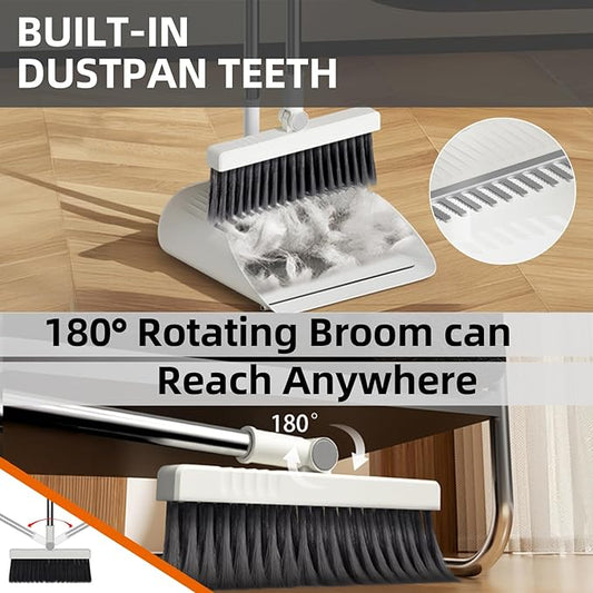 Upgrade Broom with Dustpan Combo Set, Broom and Dustpan Set with Adjustable Handle,Self-Cleaning Dustpans Teeth for Home Kitchen Office Hall Floor,ZeroGap Lip (White&Grey)