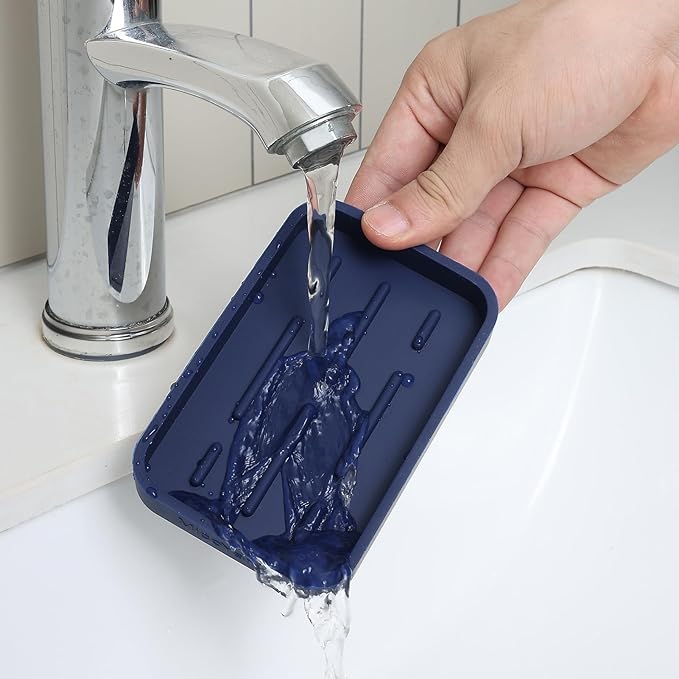 Silicone Kitchen Sink Organizer Tray for Multiple Usage,Easy Clean Sponges Holder for Kitchen Bathroom Counter or Sink,Dish Soap Dispenser,Scrubber,Bottle,Cup Navy Blue 4.9”x 3.2”