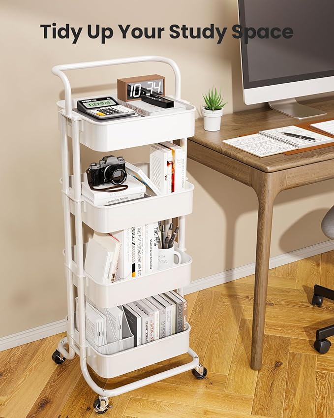 Pipishell 4 Tier Mesh Utility Cart, Rolling Metal Organization Cart with Handle and Lockable Wheels, Multifunctional Storage Shelves for Kitchen Living Room Office White, PIUC12W