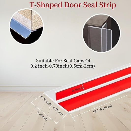 T Shape Door Seal Strip for Door & Windows Gaps,Draft Stopper Bottom Sweep Weather Stripping for Energy Saving, Noise Reduction,Easy Install (Transparent, 1.38" W x 19.7Ft)