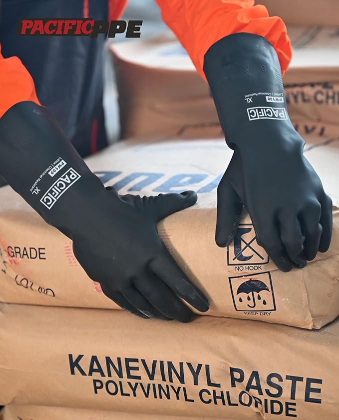 PACIFIC PPE 2 Pairs Chemical Resistant Gloves, Heavy Duty Industrial Rubber Gloves, Resist Acid, Alkali and Oil, 12.6", Large