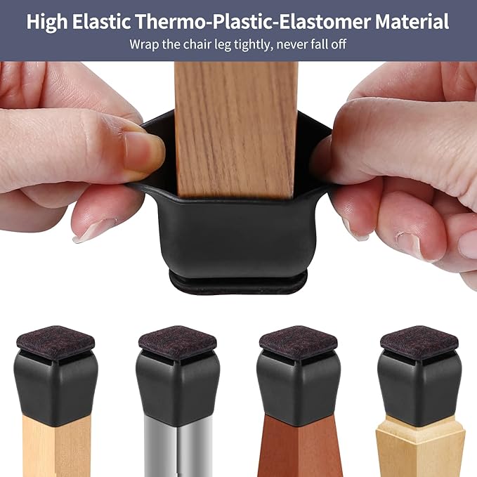 Ezprotekt 24 Pcs Square Silicone Chair Leg Floor Protectors for Wood Floors, Black Felt Furniture Pads Caps, Bar Stool Leg Floor Protectors Covers for Dining Table Chair (Fit 1.1"- 1.45")