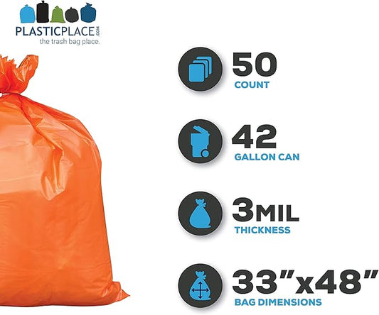 Plasticplace 42 Gallon Trash Bags |3.0 Mil | Orange Heavy Duty Contractor Trash Bags | 33" x 48", 50 Count (Pack of 1)