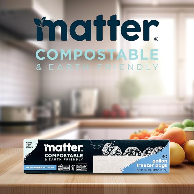 Matter Compostable Gallon Freezer Bags for Food Storage, Eco-Friendly, Resealable, Food Storage Bags, 30 Count