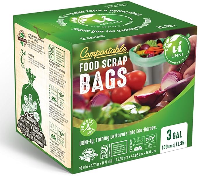 UNNI Compostable Trash Bags, 3 Gallon / 11.35 Liter, 600 Count Value Pack, Extra Thick 0.71 Mil Kitchen Food Scrap Bin Liners, Certified by BPI, CMA & OK compost HOME, Meets the ASTM D6400 Standard