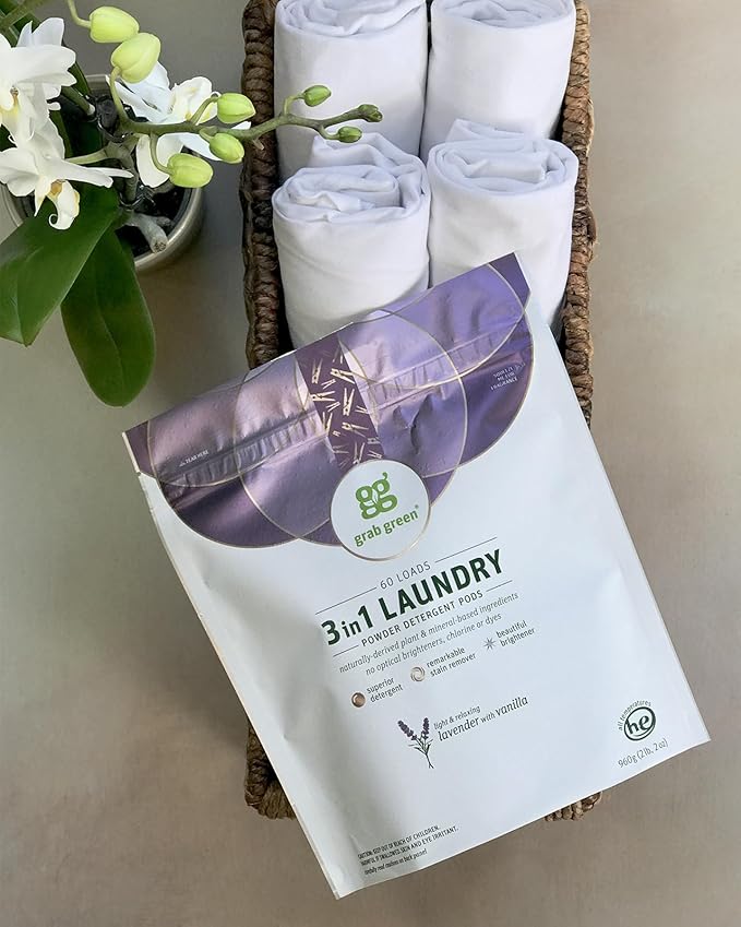 Grab Green 3-in-1 Laundry Detergent Pods, 24 Count, Lavender Vanilla Scent, Plant and Mineral Based, Superior Cleaning Power, Stain Remover, Brightens Clothes