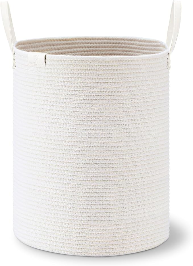VIPOSCO Tall Laundry Basket, Large Dirty Clothes Hamper with Leather Handle, Woven Rope Storage Basket for Blanket, Toy In Living Room, Bathroom, Bedroom - 53L White