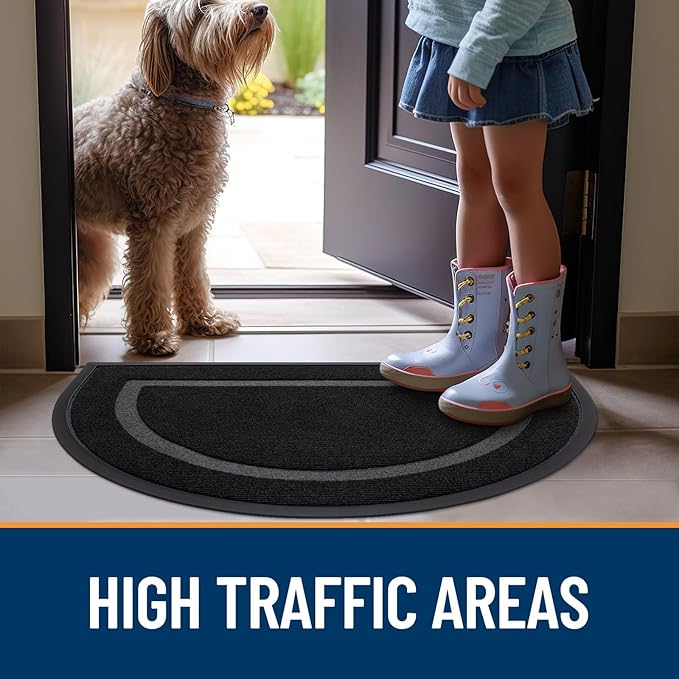 OLANLY Half Circle Door Mat Indoor Outdoor Entrance Welcome, Waterproof All-Season, All-Weather Doormat, Sturdy Natural Rubber, Low Profile, Easy Clean Patio Porch Entryway Mat, 59x35, Black