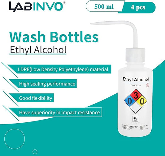4PCS of Ethyl Alcohol Wash Bottles, Vol.500ml (17oz), Narrow Mouth, Self-Venting Safety Wash Bottle, LDPE Material, IN-WBE500