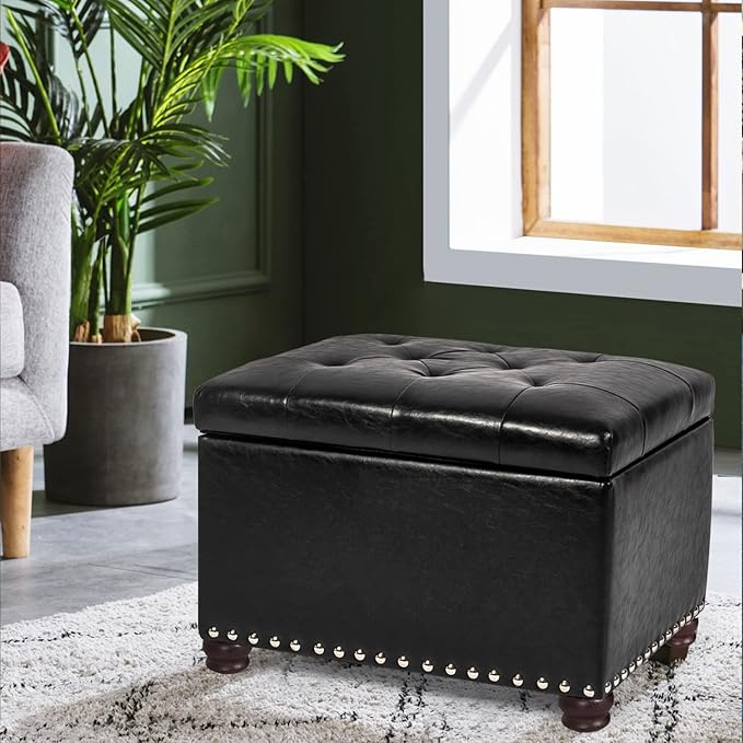Joveco Leather Storage Ottoman, 24" Rectangle Tufted Foot Rest Stool, for Living Room Bedroom, Midnight Black