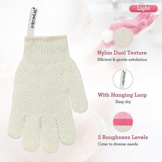 Evridwear Exfoliating Gloves for Shower, 100% Nylon Thick Soft Medium Heavy Bathing Gloves Dead Skin Remover Body Scrubber Smooth Skin with Hang Loop, 2 Pairs Light White