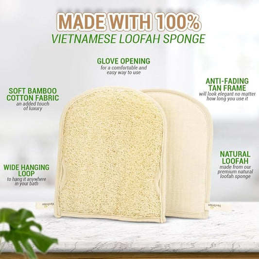 Premium Vietnamese Natural Loofah Gloves – Exfoliating Body Scrubber Mitts with Thumb Holes, Easy Grip Design, for Men & Women, Shower & Bath (Pack of 2)