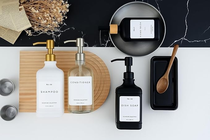 Emerson Essentials Soap Dispenser, Dish Soap Dispenser, Soap Bottle Bathroom Set, Hand Soap Farmhouse Home, Kitchen Soap Dispenser Set - Glass Soap Dispenser with Pump and Labels, 16 Oz, 2 Set