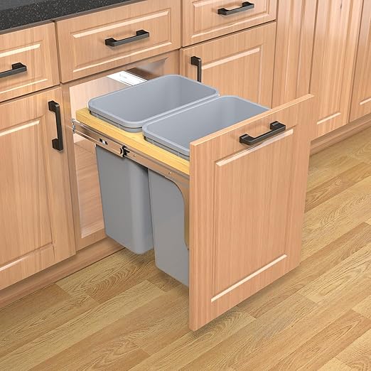 Double Pull Out Under Cabinet Trash Can 35 Qt Garbage Bin for 15" x 1.5" Face Frame, Grey -Only for 18" W*24" D Cabinet