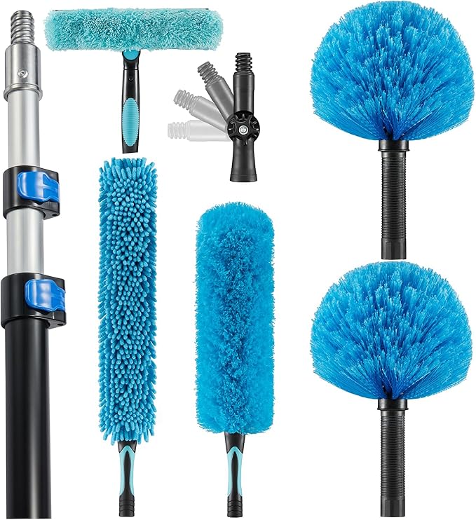 30 Foot High Ceiling Fan Duster with 6-24 Foot Extension Pole, Extendable Reusable Cobweb, Feather, Window Cleaning Squeegee Kit