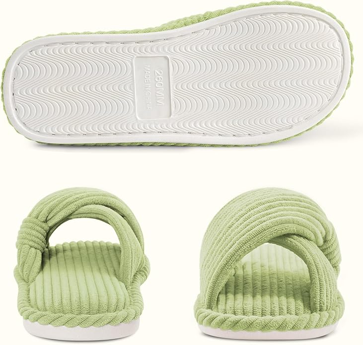 Evshine Summer House Slippers for Women Corduroy Cross Bow Indoor Slippers Open Toe Slip On Bedroom Shoes with Memory Foam