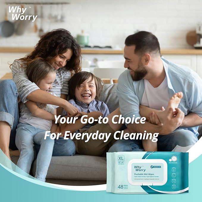 WhyWorry Flushable Wipes for Adults, Extra Large 8"x10" Butt Wipes for Personal Hygiene & Cleansing, Chamomile and Vitamin E, 100% Plant-Based, Septic & Sewer Safe, Unscented, 384 Count (8 Packs)