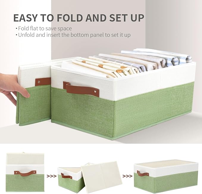 3 Pack Large Capacity Storage Bins Closet Organizer for Shelves, Fabric Closet Storage Baskets Boxes with Leather Handles for Organizing Clothes, Sheets, Jeans, Toys, Books (Green)