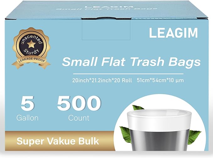 500 Count 5 Gallon Trash Bags, Strong Small Garbage Bags, Bathroom Trash Can Bin Liners, 4-6 Gallon Unscented White Wastebasket Liners for Kitchen Office Toilet and Bedroom