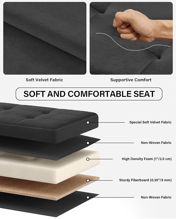 Folding Storage Ottoman, Velvet Storage Bench, Footrest, Foot Stool, for Living Room, Bedroom and Office,12.2 x 16.1 x 12.2 Inches, 200 kg Load Capacity, Ink Black,UASND03B