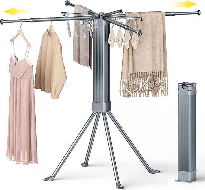 BIREN Clothes Drying Rack Foldable Extending Laundry Rack with 16 Clips Collapsible Clothing Rack Space-Saving Clothing Racks for Hanging Clothes, Indoor, Camping, Balcony, Outdoor