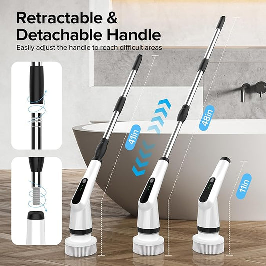 WKY-Electric Spin Scrubber - Upgraded 12-in-1 IPX7 Waterproof Shower Cleaner Brush, Retractable Handle & 2-Speed for Bathroom, Bathtub, Kitchen, Tile Floors