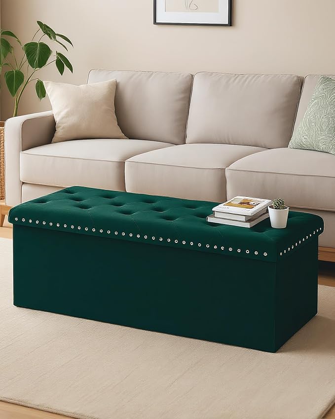 Velvet Storage Ottoman Bench, 43.3" Folding Ottoman with Rivet Trim, Heavy-Duty Upholstered Entryway Bench, Sturdy Footrest and Seat for Bedroom, Living Room, Holds up to 660 LBS, Green