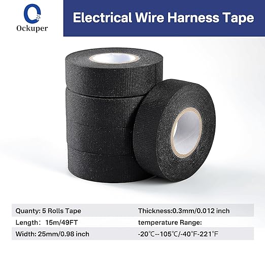 Wire Harness Tape, 0.98"x 49FT 5 Rolls, Wiring Loom Harness, Self-Adhesive Felt Cloth Electrical Tape for Automotive Engines, Harness Wrap Protection,Noise Dampening and Cable Protection,Black