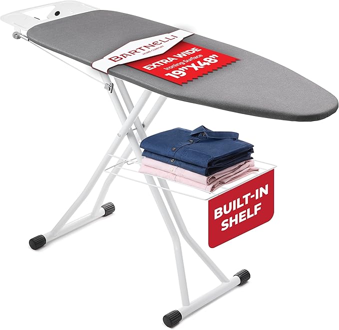 Bartnelli Extra Wide Pro Ironing Board 19x48 Ironing Surface with Iron Rest, Cord Holder, Shelf and 4 Layer Heat Resistant Cover and Pad